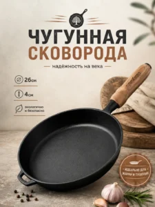 Чугунная сковорода с деревянной ручкой 26 × 4 см, T303