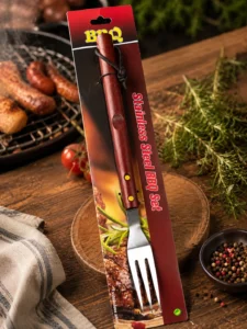 Furculiță pentru grătar BBQ, inox, mâner din lemn