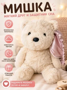 Плюшевый мишка кремового цвета с розовой сумочкой