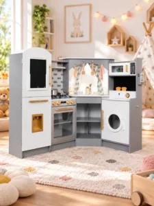 Bucătărie de colț din lemn pentru copii cu accesorii și funcții W10C933C