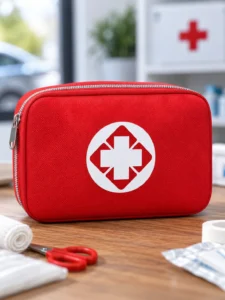 Trusă medicală de prim ajutor în husă textilă roșie