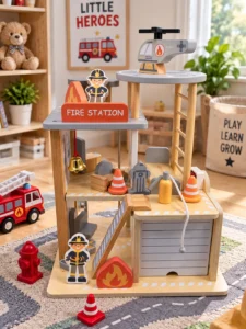 Stație de pompieri din lemn Fire Station cu elicopter și accesorii