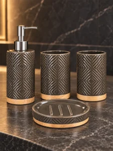 Set accesorii pentru baie, 4 piese, negru cu bază din lemn